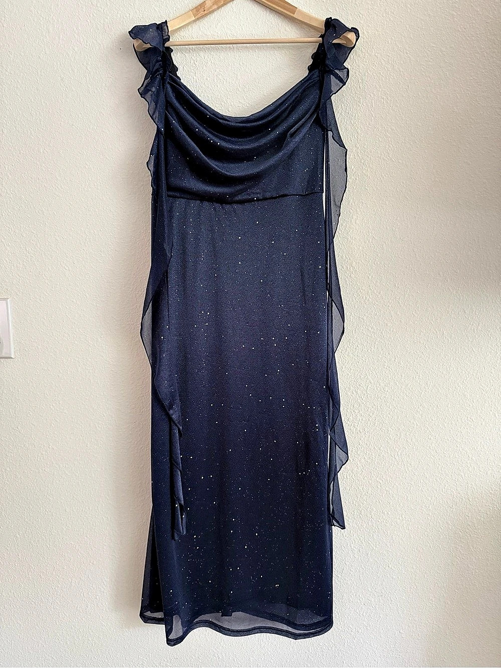 CIDER Cowl Neck Navy and Glitter Ruffle Hem Maxi Dress Women’s Size XL